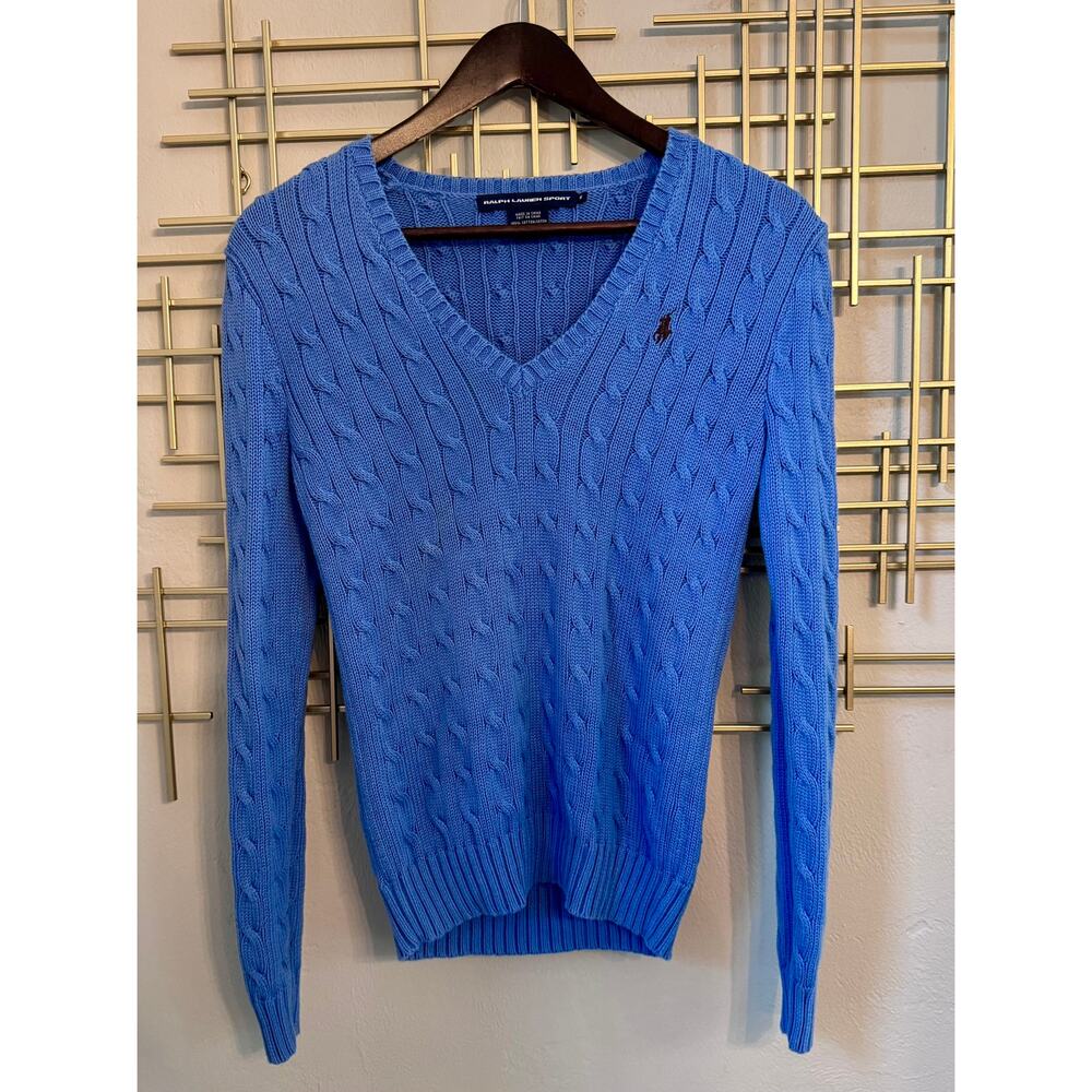 Ralph Lauren Sport Blue Cable Knit Sweater Medium V Neck Pony Logo